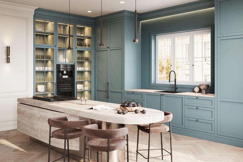 Datorgenererad bild av ett elegant, modernt köksinredning med gröna skåp och belyst inbyggd förvaring